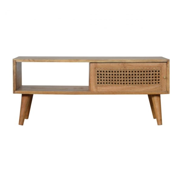 Hand Carved Mid Century Fine Oak Sliding Rattan Door Coffee Table - Image 4