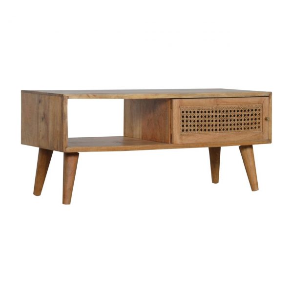 Hand Carved Mid Century Fine Oak Sliding Rattan Door Coffee Table - Image 5