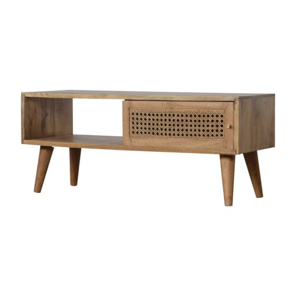 Hand Carved Mid Century Fine Oak Sliding Rattan Door Coffee Table - Image 6