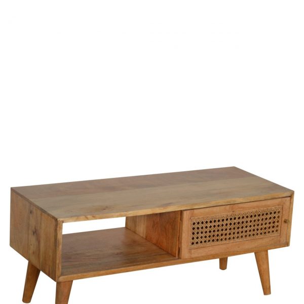 Hand Carved Mid Century Fine Oak Sliding Rattan Door Coffee Table - Image 8