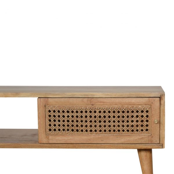Hand Carved Mid Century Fine Oak Sliding Rattan Door Coffee Table - Image 9