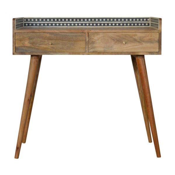 Hand Crafted Mid Century Bone Inlay Gallery Back Fine Oak Console Table - Image 4