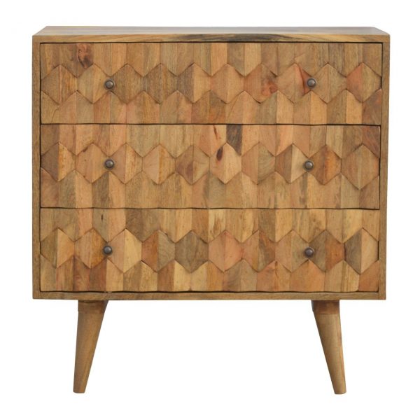 Hand Carved Mid Century Fishtail Fine Oak Chest Of 3 Drawers - Image 2