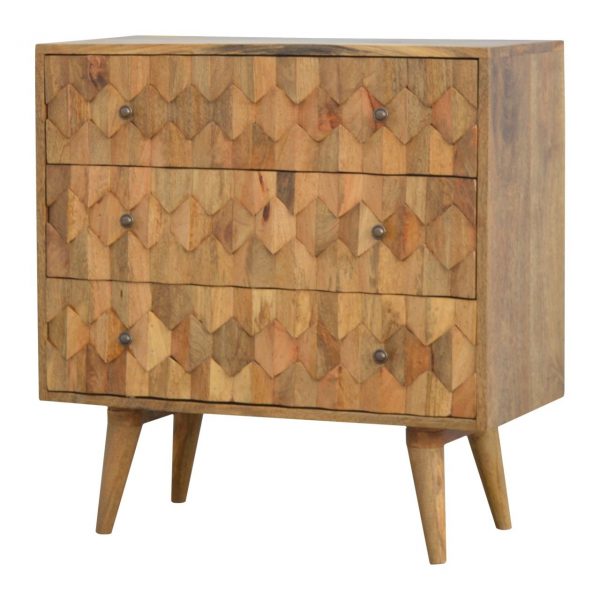 Hand Carved Mid Century Fishtail Fine Oak Chest Of 3 Drawers - Image 3
