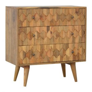 Hand Carved Mid Century Fishtail Fine Oak Chest Of 3 Drawers