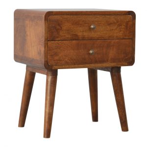 Hand Carved Mid Century Curved Chestnut 2 Drawer Bedside Table