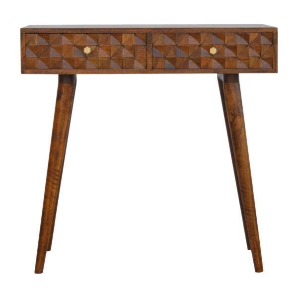 Hand Carved Mid Century Chestnut Diamond Cut Console Table - Image 4
