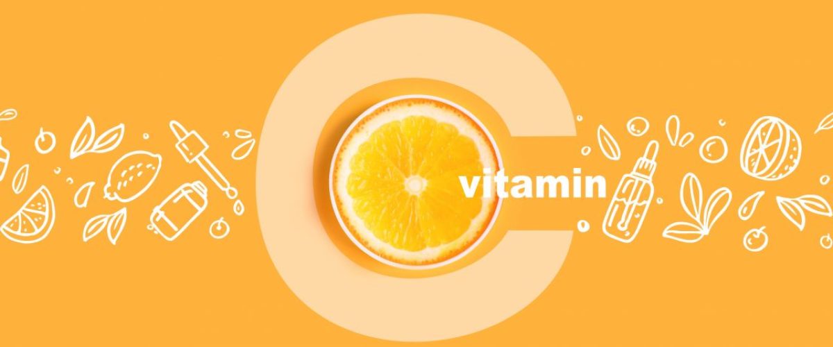 Glass bottle cosmetics, serums and oils with vitamin C on yellow background Image with Doodle style icons image Organic bio cosmetics Concept of protecting immunity during viral infection